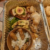 Tzatziki, "egg" tofu salad, red pesto pasta, bruschetta at Annie's Vegan Food and Bar - Pop-up in Rhodes
