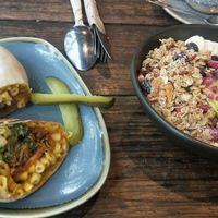 Cheese and mac wrap and oat smoothie bowl at Sweet Bones Bakery Cafe in Scullin