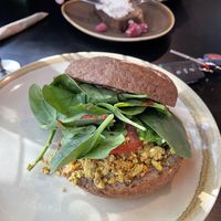 Breakfast burger with gluten free bun at Sweet Bones Bakery Cafe in Scullin