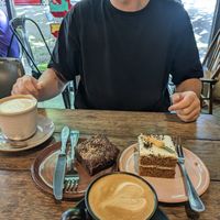 Carrot cake, brownie, oat flat white at Sweet Bones Bakery Cafe in Scullin