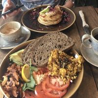 Big breakfast & pancakes. With a couple of coffee’s! at Sweet Bones Bakery Cafe in Scullin