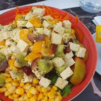 Tasty Salad with chopped Tofu at Sunset Beach in Sao Miguel