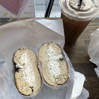 Poppyseed bagel with scallion tofu spread  at Tompkins Square Bagels in New York City