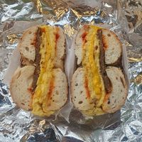 Beyond delight: Just Egg, Beyond meat, stockled cheddar, siracha sauce at Tompkins Square Bagels in New York City