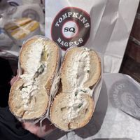 salt bagel with spinach and artichoke cream cheese   at Tompkins Square Bagels in New York City