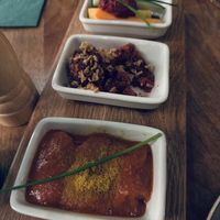 The three starters, heavy on beet    at Schnitzelei Mitte in Berlin