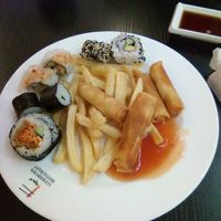 Vegan sushi, fries, and spring rolls at Luckiefun's - Redi in Helsinki