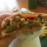 Falafel with hummus and toppings at Maoz Vegetarian in Miami Beach