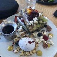 Matcha pancakes (vegan) (yummy, but weird that the banana skin was left on) at Postal Service in Auckland