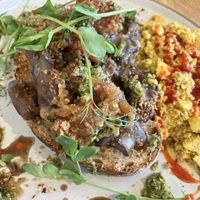 Mushroom toast with tofu scramble  at Postal Service in Auckland