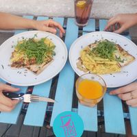 Fried tofu with yellow beans and polenta   at Zöld in Budapest