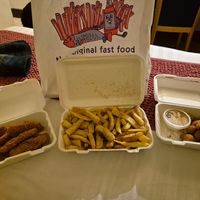 Vegan 'chicken' strips and garlic mushrooms  at Fish over Chips in Grange-over-sands