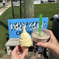Vegan lemonade and strawberry dole whip on the left    at Holy Cow Creamery in Wyandotte