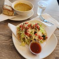 Broccoli cheddar soup and fish tacos at Gorganson's in Pomona
