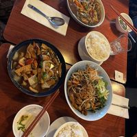 A selection of dishes (all vegan). From top to bottom, braised mushroom and tofu, caramelised tofu and mushroom, and the mixed Vietnamese noodles to the right.  at Non Restaurant in North London