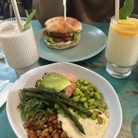 Brown rice poke bowl, Bear Gryls, Yellow smoothie, Mango smoothie   at Poke the Bear in Northcote