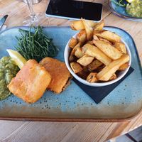 Vegan fish and chips. We particularly enjoyed the samphire at The Old Boat House in Amble