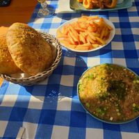 Pita Bread, french fries and eggplant puree at Vega in Nessebar
