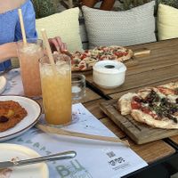 Pizza behind is vegan and so is the dip  at Bourtzi in Skiathos