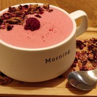 Pink latte (beetroot) at Quase Café in Lisbon