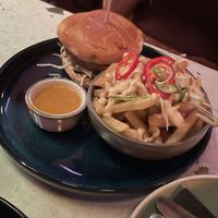 Katsu burger with salt and chilli loaded fries   at August House in Glasgow