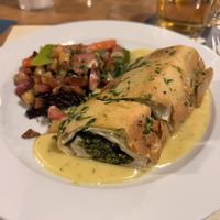 spinach wild garlic strudel with veggies and mustard sauce   at Cantilena in Basel