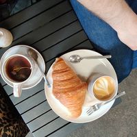 Tea, coffee and vegan croissant. at COFFI in Liverpool