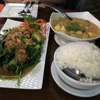 Peanut broccoli and yellow curry  at Ban Chok Dee in Langley