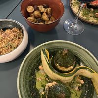 Main and sides (stuffed courgette, bulgar salad and roasted potatoes and mushrooms)  at HEBE  in Paris