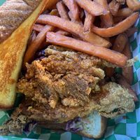 Hot Blue Oyster Sandwich & sweet potato fries   at Iconic Vegan Cafe in Dallas
