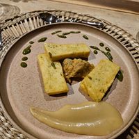 First course, chickpea dish from Sicily with babaganoush and a lovely sauce at il Brucaliffo Cucina in Castiglione Dorcia