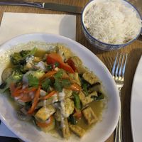 Pad green curry sauce with tofu plus jasmine rice   at Koi Thai Restaurant in Aberdeen