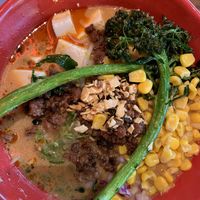 Flying Vegan Harvest Ramen. More food than I could handle! Impossible Meat, silken tofu, & broccolini make this bowl a FEAST.  at JINYA Ramen Bar - 2nd and PCH in Long Beach