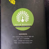 Dedicated vegan menu back page at Indian Rassasy in Bristol