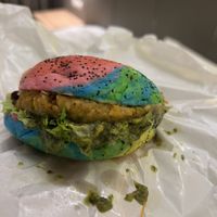 Rainbow burger bun! The sauce was super tasty   at Vegan House - Bukit Damansara in Kuala Lumpur