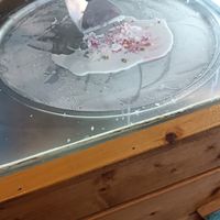 Coconut icecream with fresh raspberries and pistachios at Chop and Roll in Kos