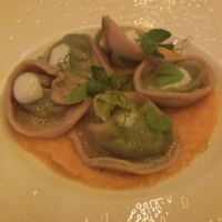 Primo, ravioli ripieni di patate ed erbette su crema di carote at Bella Iseo Ristorante in Iseo