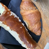 Pretzel sandwich with vegan butter , vegan croissant   at A Little Lost in Munich