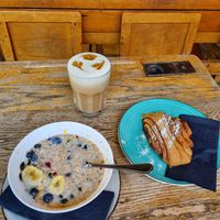 Granola with soy milk, danish and a latte at A Little Lost in Munich