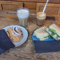 Danish roll, avocado sandwich, caffe latte, flat white at A Little Lost in Munich