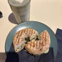 Hummus bagel and matcha latte  at A Little Lost in Munich