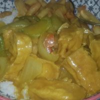 Tofu curry, rice and chips at Happy Home in Wallsend