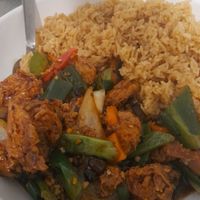 Vegan chicken (soya) in black bean sauce with vegan fried rice at Happy Home in Wallsend