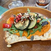 Hummus roasted veggie toast  at De Ping Pong Club in Utrecht