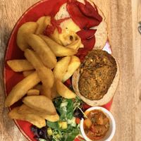 Vegan burger and chips   at Billycan in Tenby