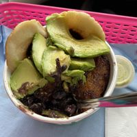 Vegan bowl with rice, beans, plantains, avocado , mini arepa.   at Arepa Spot in Myrtle Beach