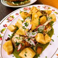 Lion's mane mushrooms with crispy yucca  at Sunday C&C Eatery in New York City