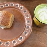 Guava bun & matcha oat latte  at Sunday C&C Eatery in New York City