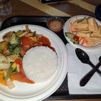 Vegan sweet & sour stir-fry with sticky rice at Thai Kitchen Sheffield in Sheffield