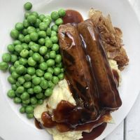 Bangers (sausages), mash, peas, gravy and caramelised onions #Veganuary at Mama B's in Chippendale